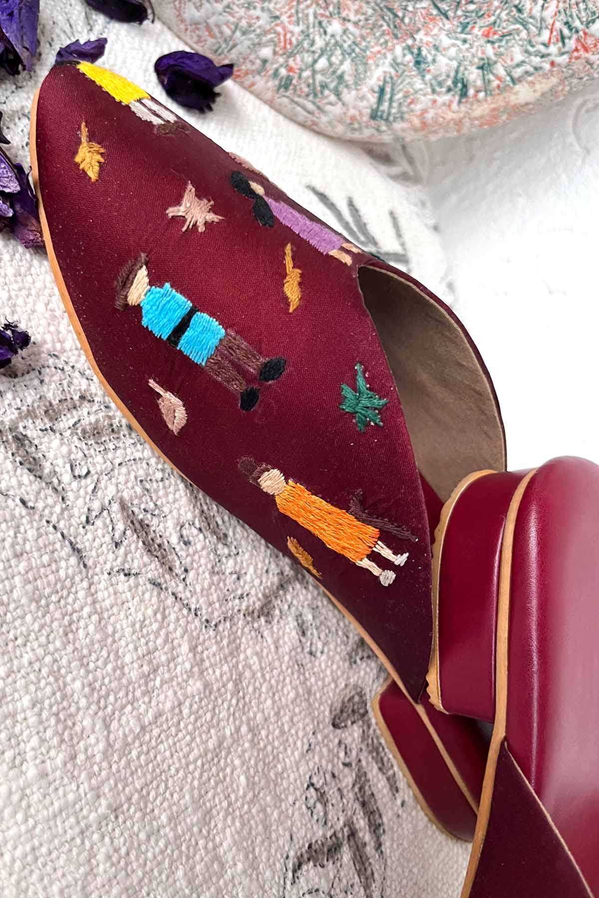Hand Embroidered Red Mules
