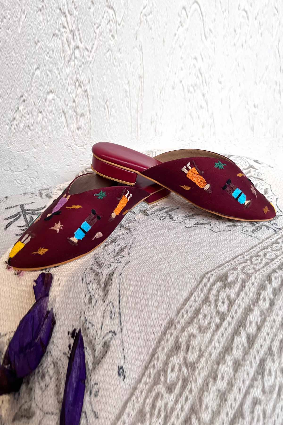 Hand Embroidered Red Mules