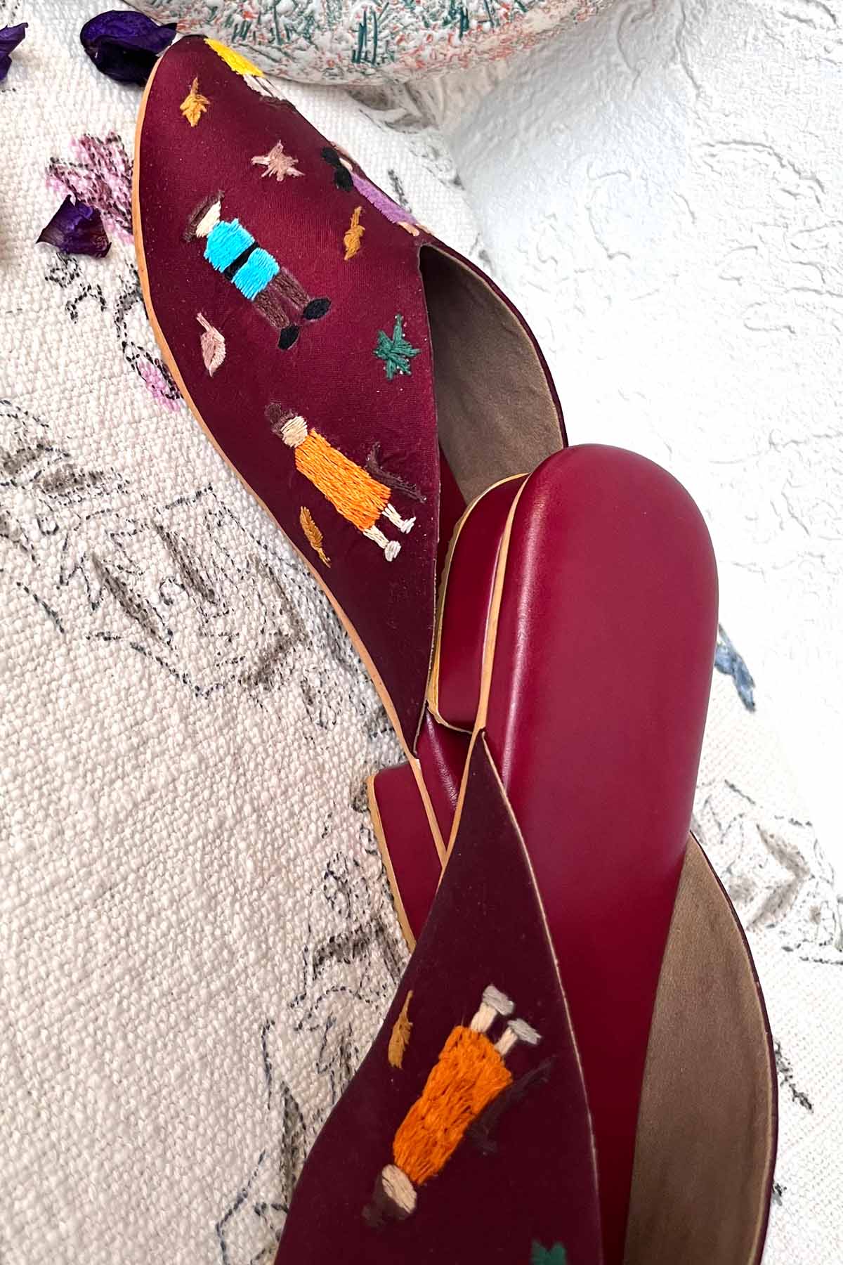 Hand Embroidered Red Mules