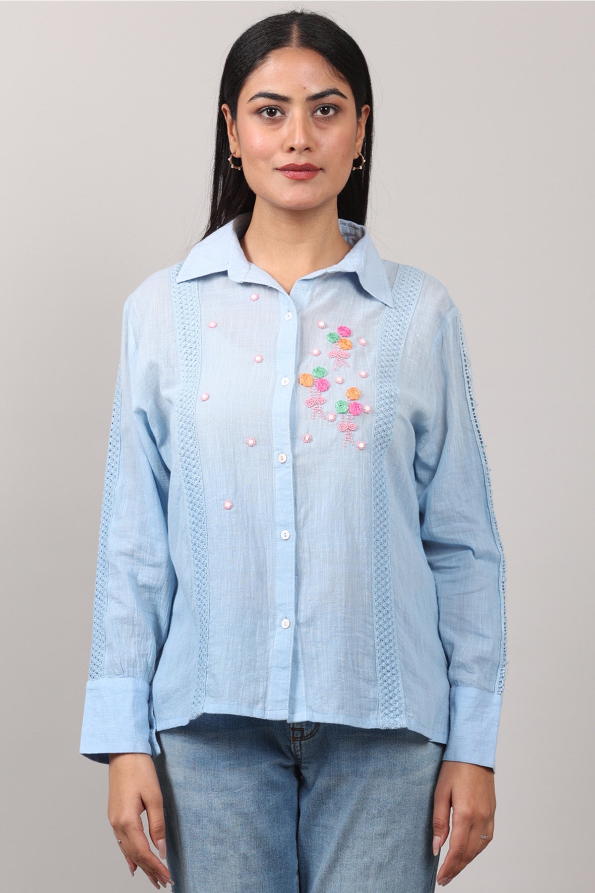 Buy Hand Embroidered Blue Shirt by OSKOS for women online at ScrollnShops