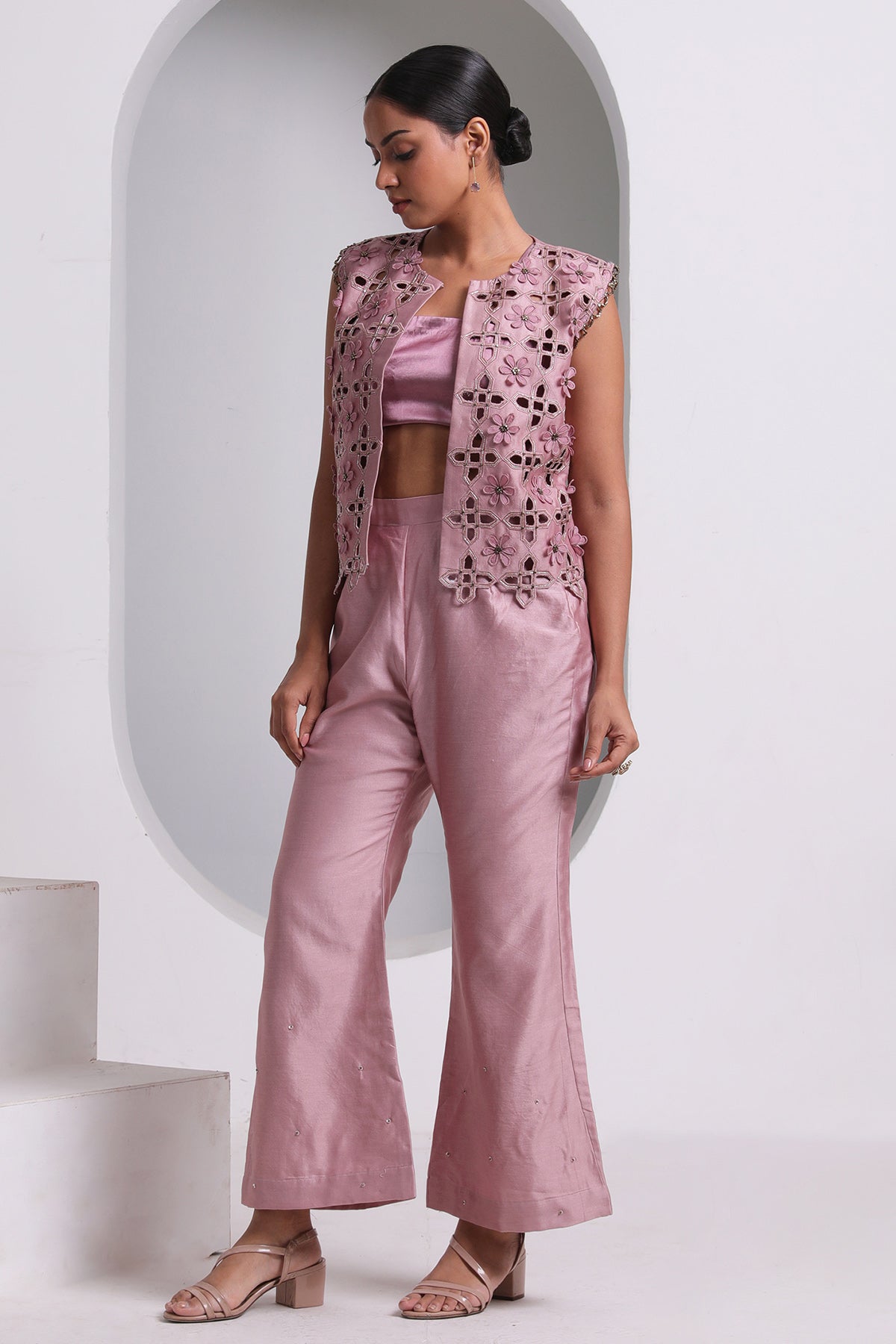 Hand Embroidered Pink Jacket Set