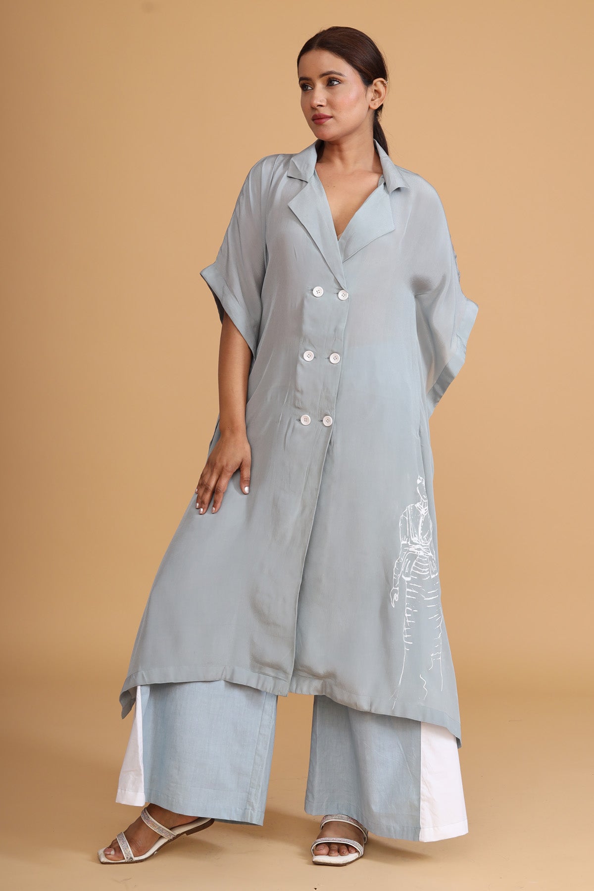 Hand Painted Buttoned Kaftan - Mint Green Cotton Poplin at ScrollnShops