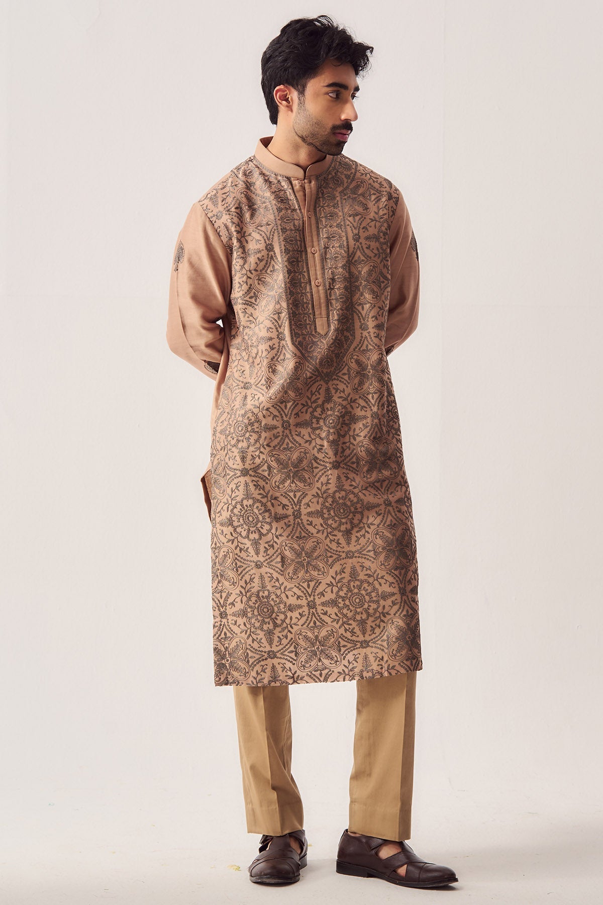 Buy Hazelnut Embroidered Kurta Set for Men by WABI SABI available online at ScrollnShops