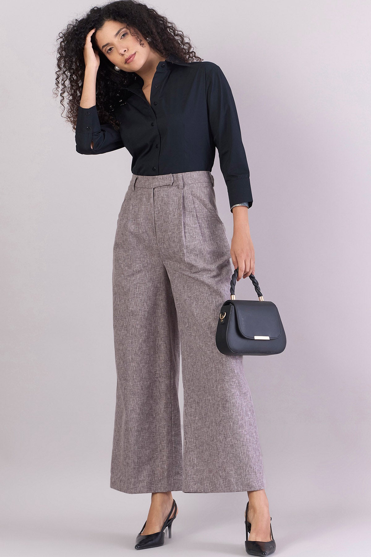High-Waist Pleated Grey Trousers