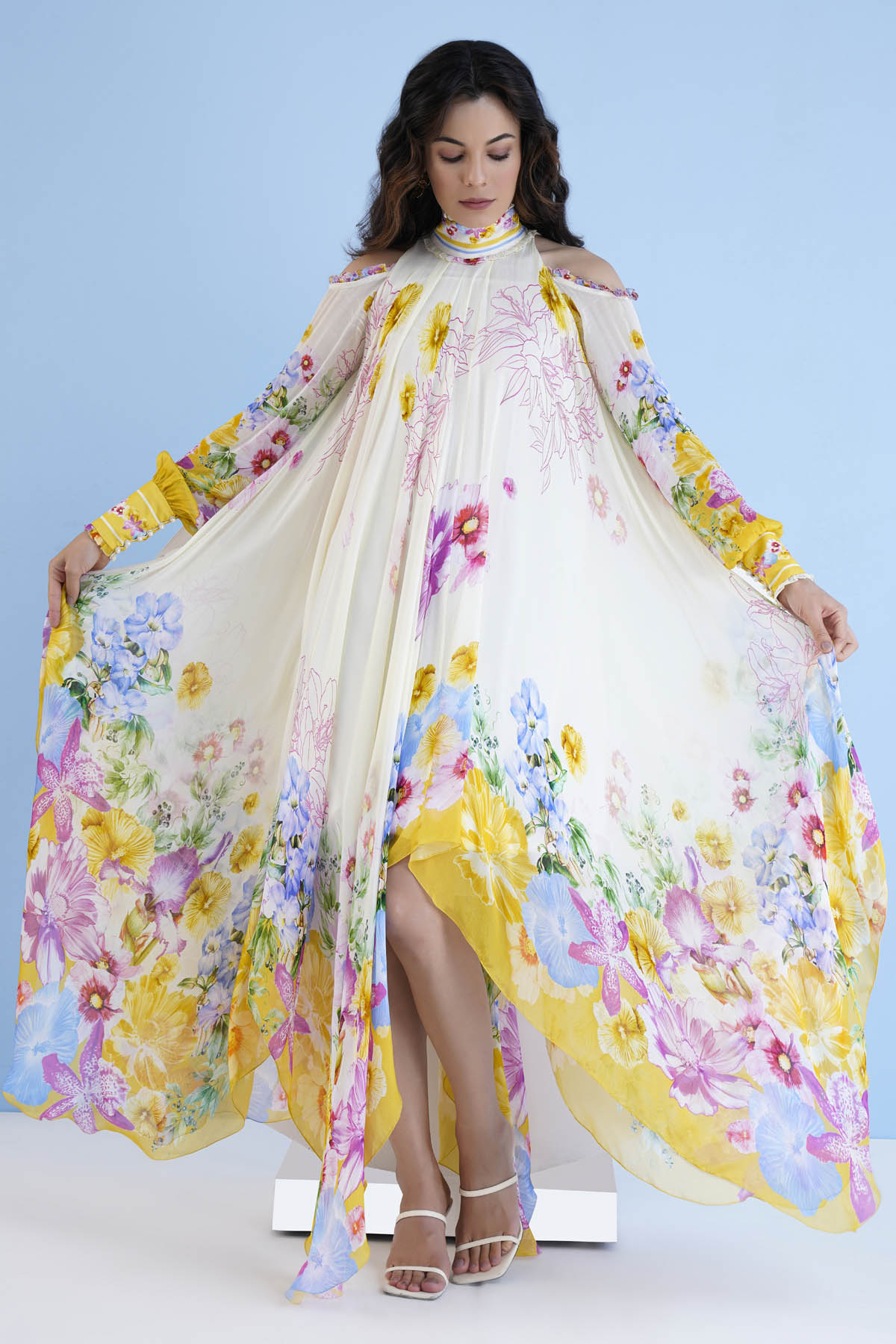 Buy Mandira Wirk Ethereal Escape: High-Low Chiffon Dress with Embroidery For Women at ScrollnShops