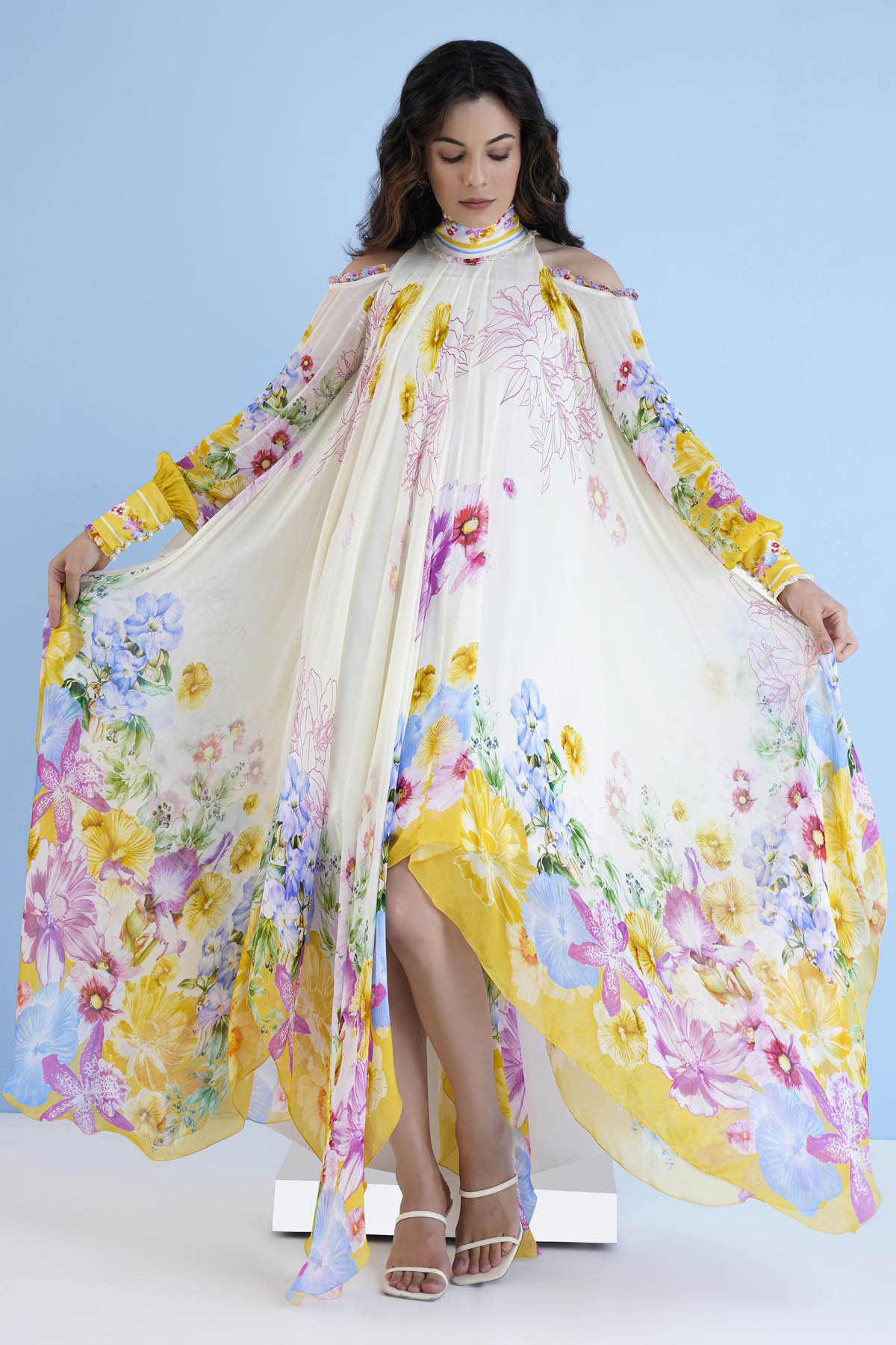 Buy High Low Printed Chiffon Dress by Mandira Wirk