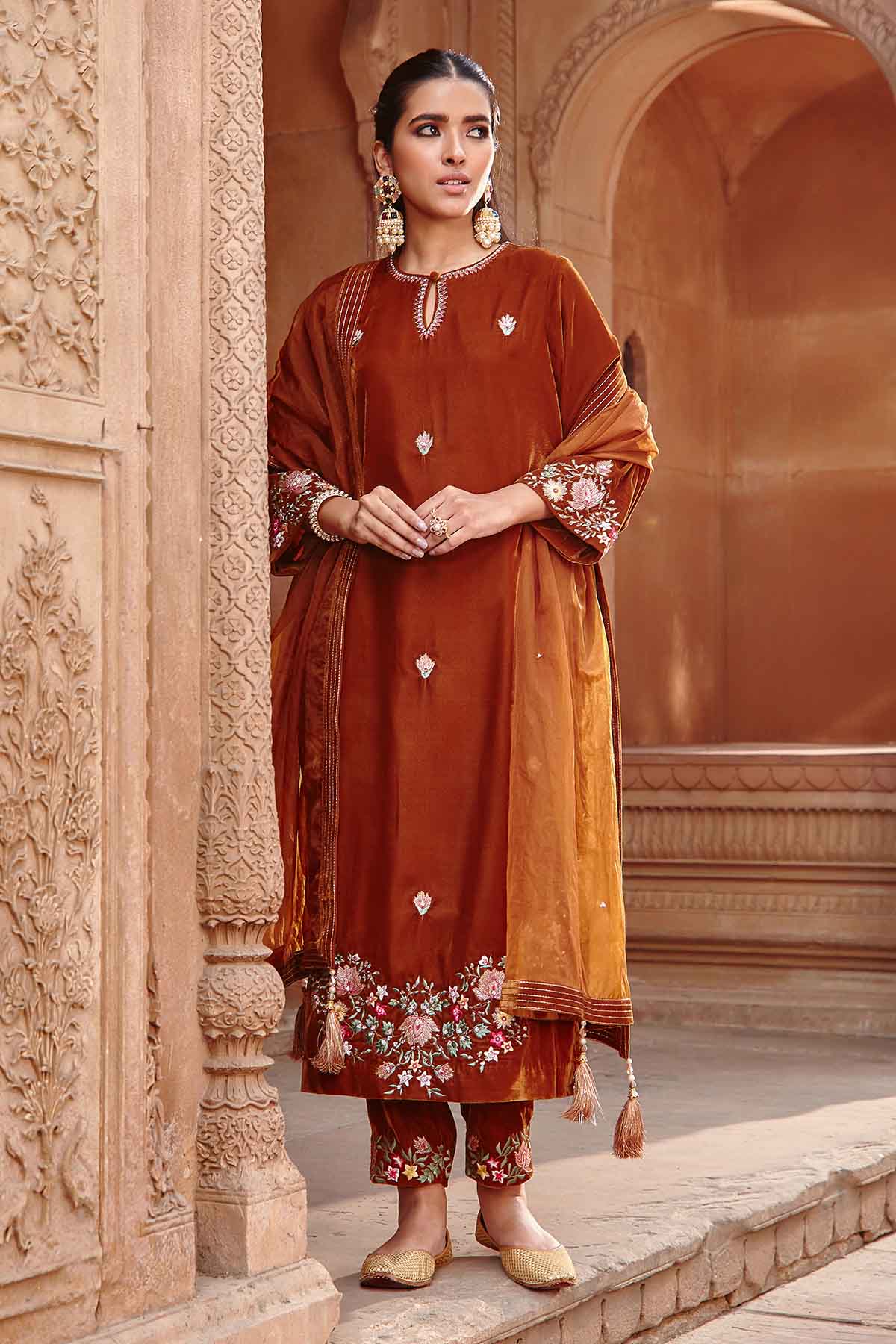 Buy Honey Gold Embroidered Kurta Set by Ajiesh Oberoi for women online at ScrollnShops