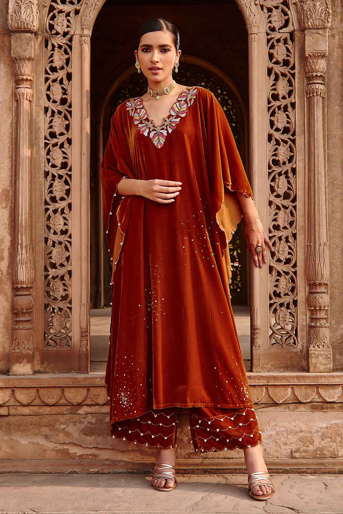 Buy Honey Gold Velvet Kaftan Set by Ajiesh Oberoi for women online at ScrollnShops