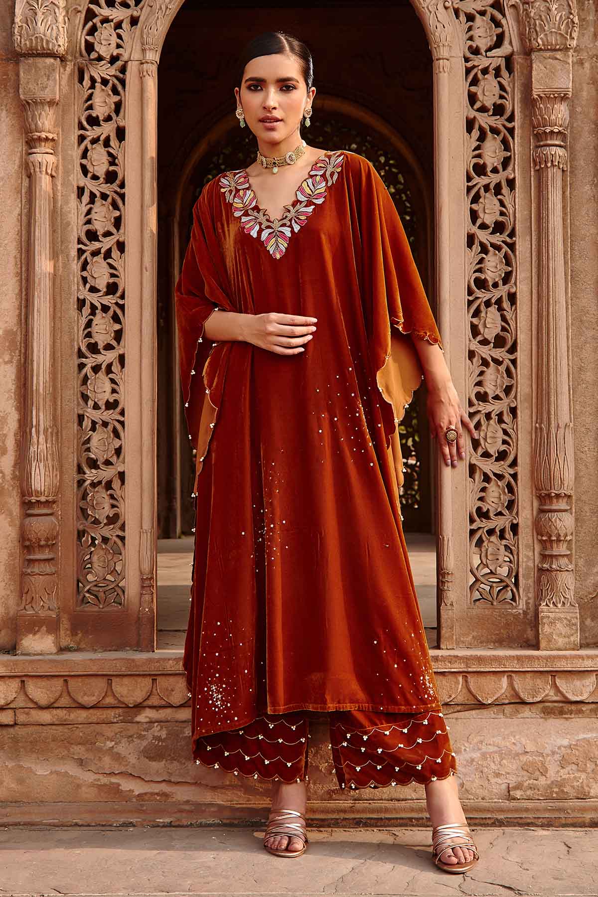 Buy Honey Gold Velvet Kaftan Set Online