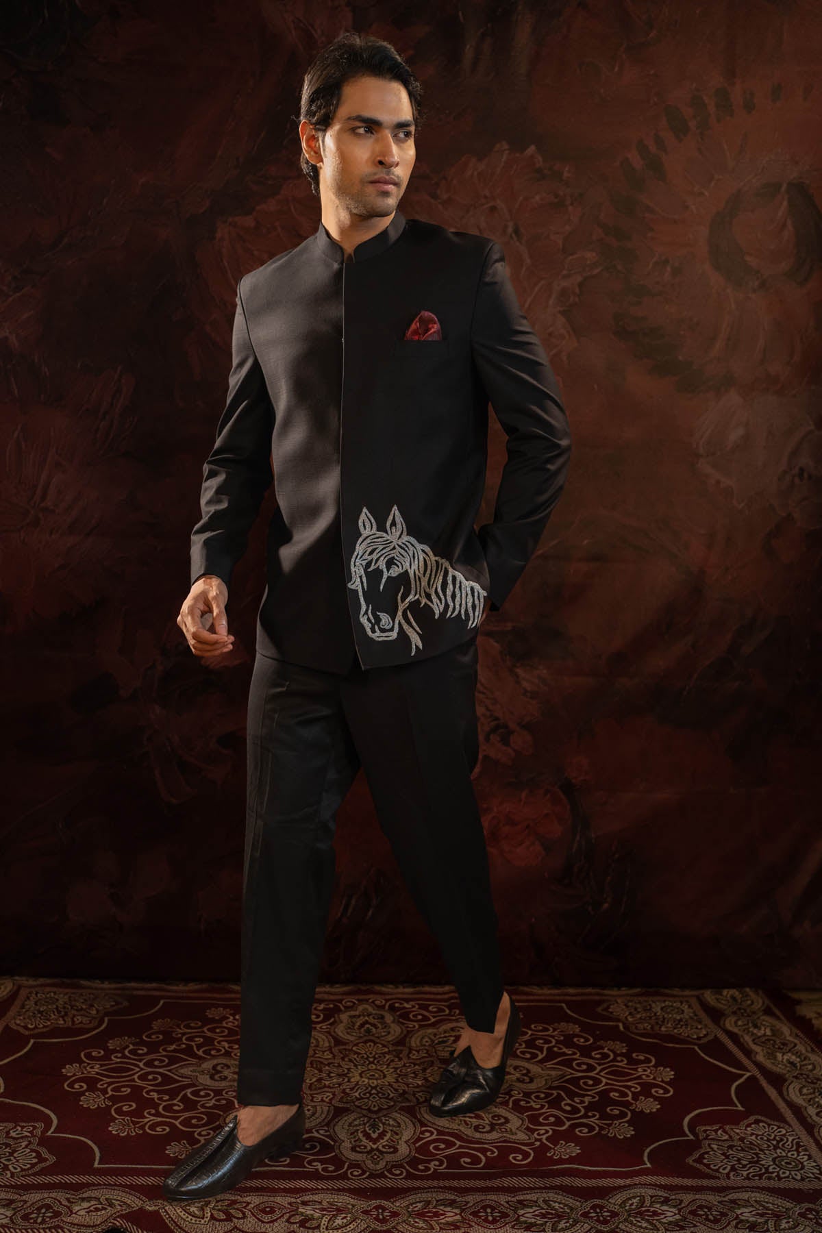 Horse Motif Suiting Bandhgala Set