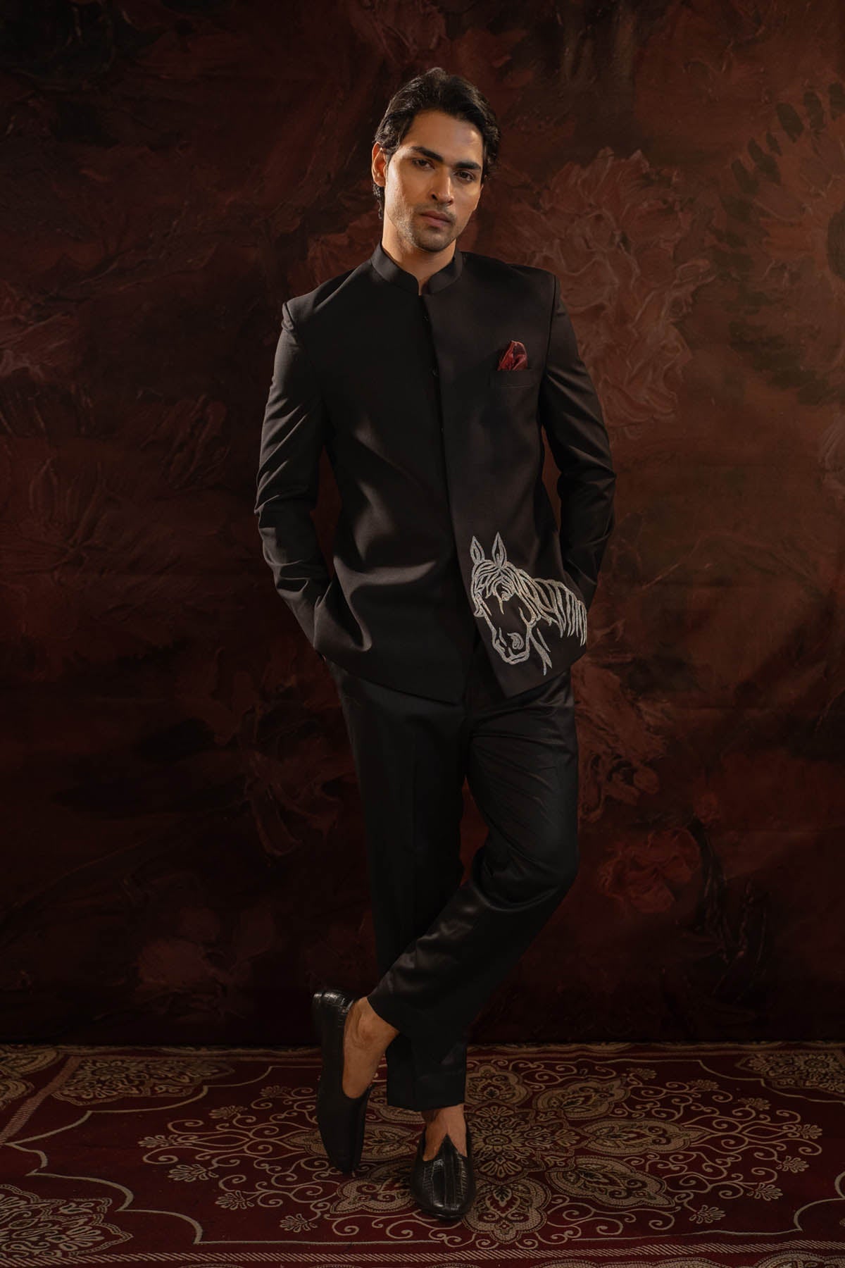 Buy Horse Motif Suiting Bandhgala Set Online