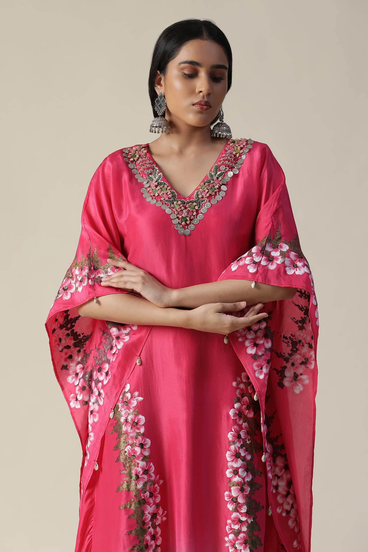 Hot Pink Floral Painted Kaftan