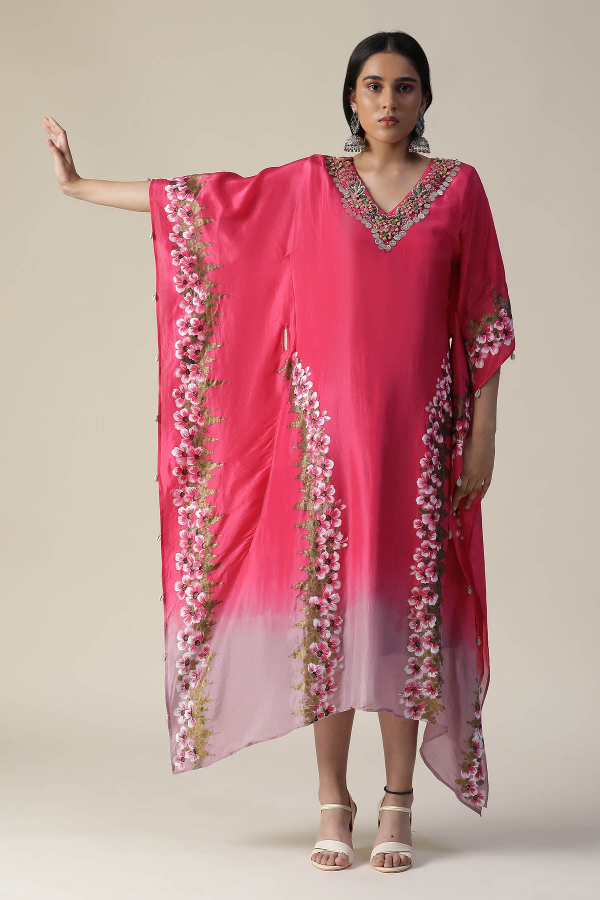 Hot Pink Floral Painted Kaftan
