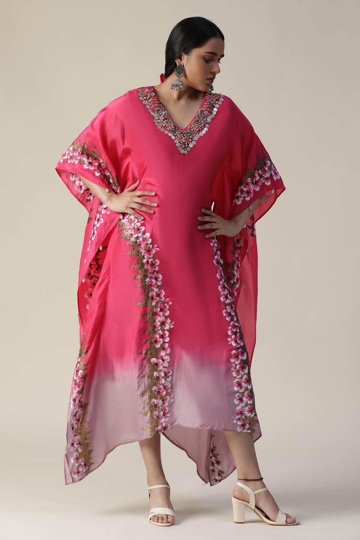 Hot Pink Floral Painted Kaftan