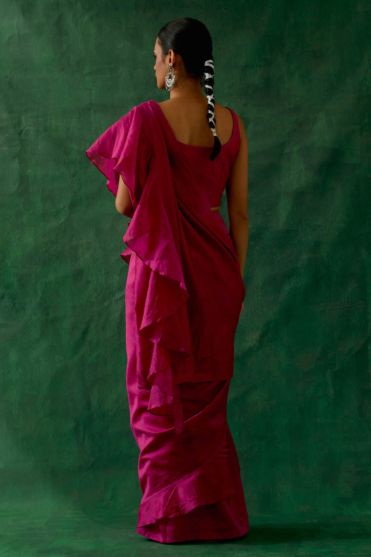 Hot Pink Ruffled Pre Drape Saree Set