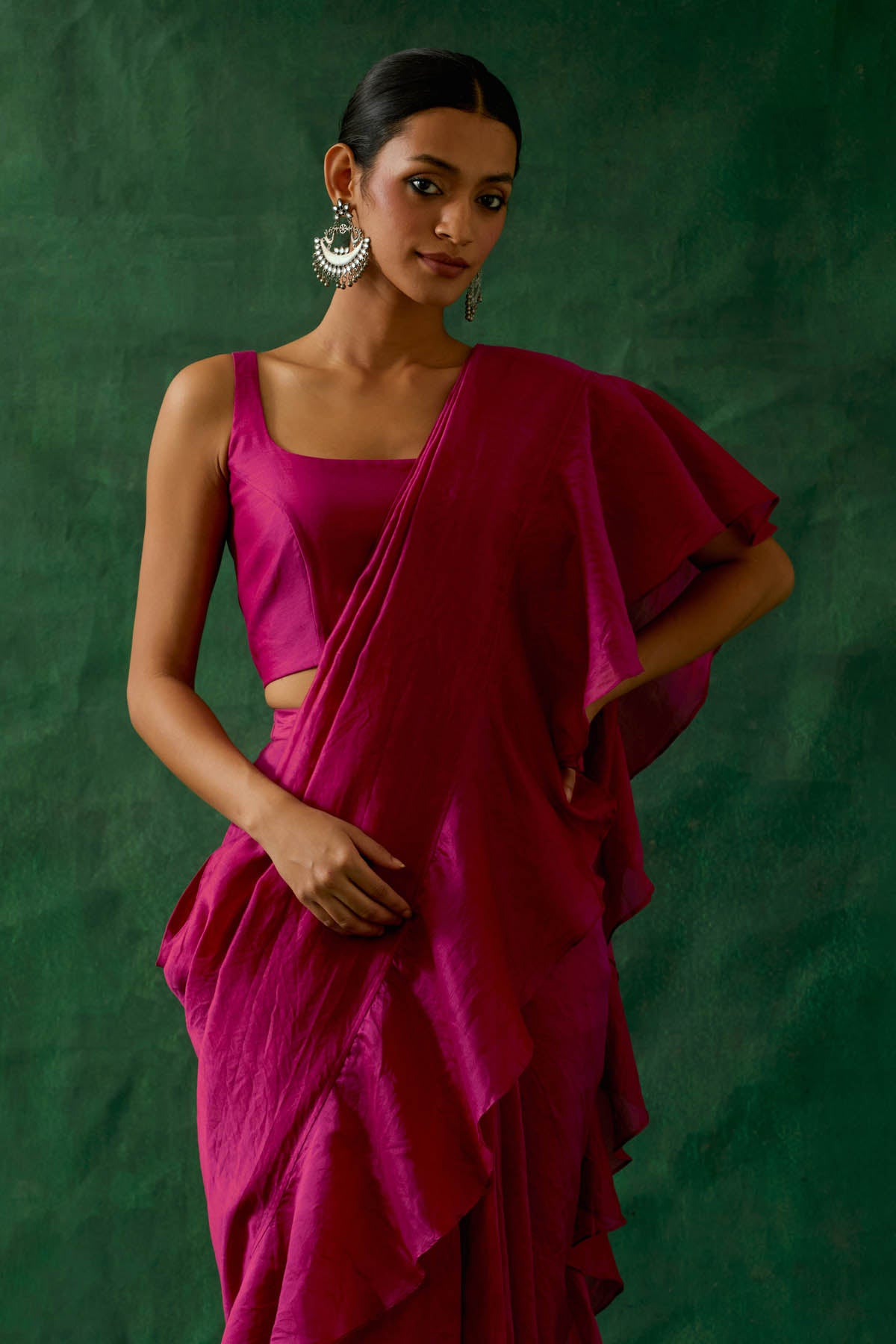 Hot Pink Ruffled Pre Drape Saree Set