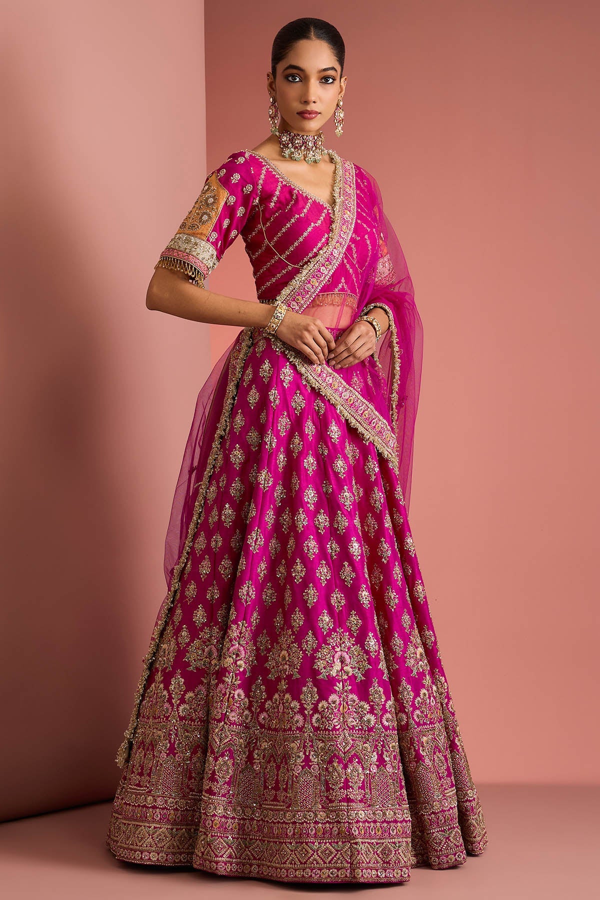 Buy Hot Pink Embroidery Lehenga Set for women by Milu Madan online available at scrollnshops