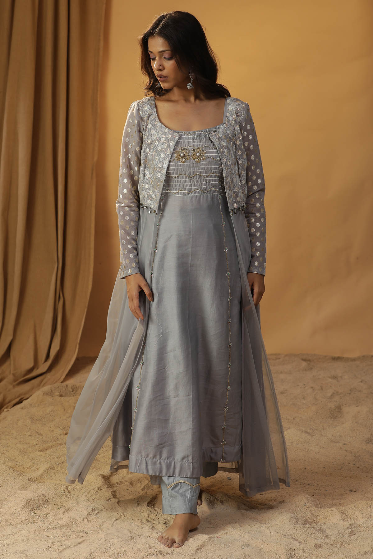 Arpita Sulakshana Ice Blue Chanderi Jacket & Dress for women online at ScrollnShops