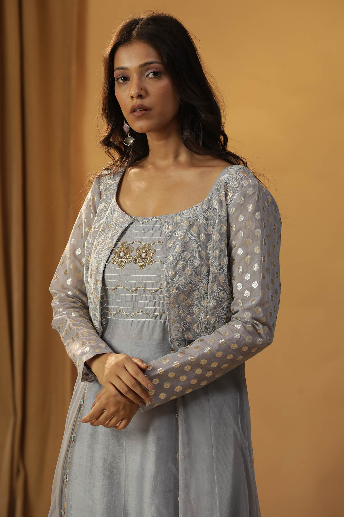 Ice Blue Chanderi Jacket & Dress