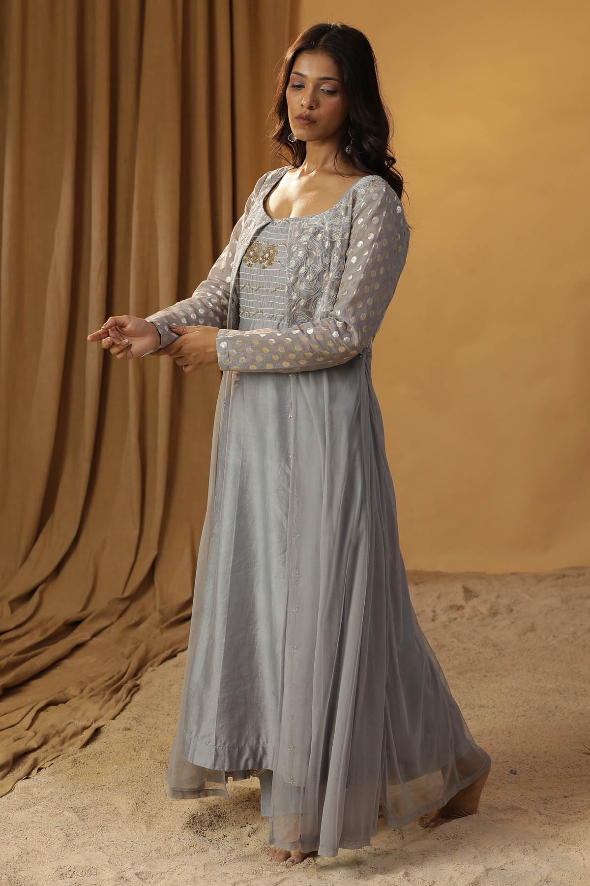 Ice Blue Chanderi Jacket & Dress