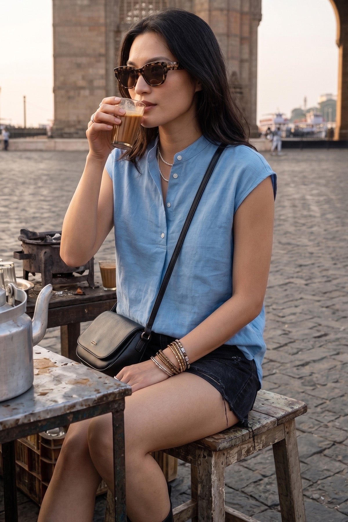 Ice Blue Cotton Buttoned Top