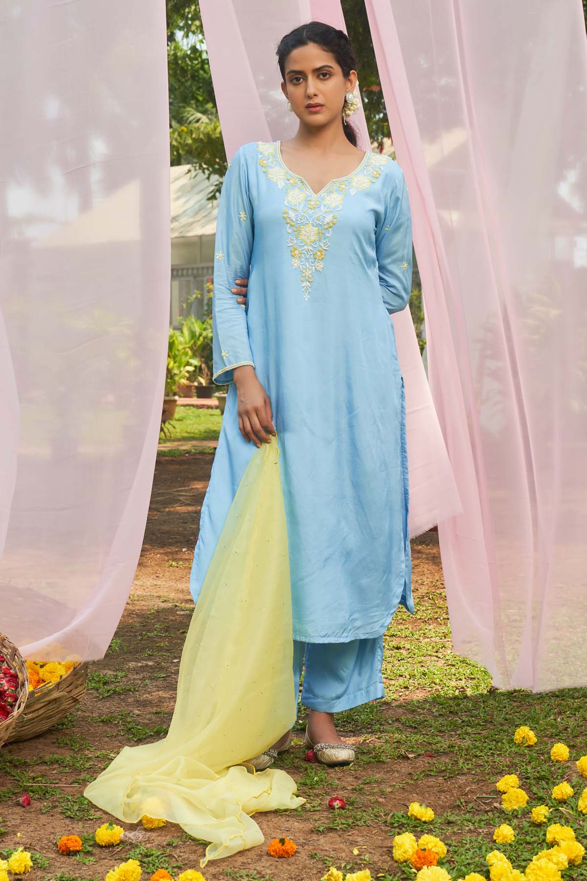 Megha Pitti Ice Blue Embroidered Kurta Set for women online at ScrollnShops