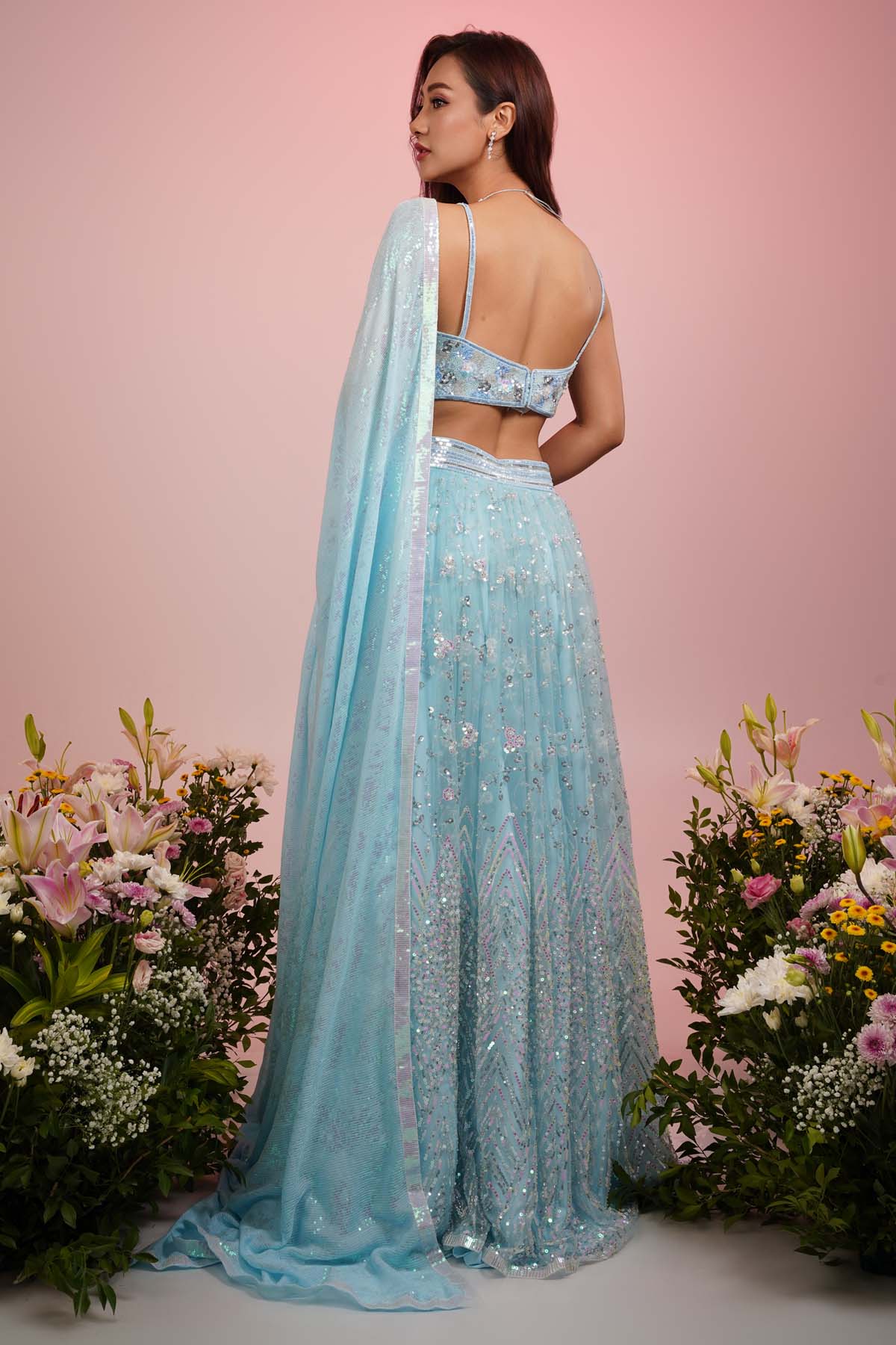 Ice Blue Embroidered Lehenga Set