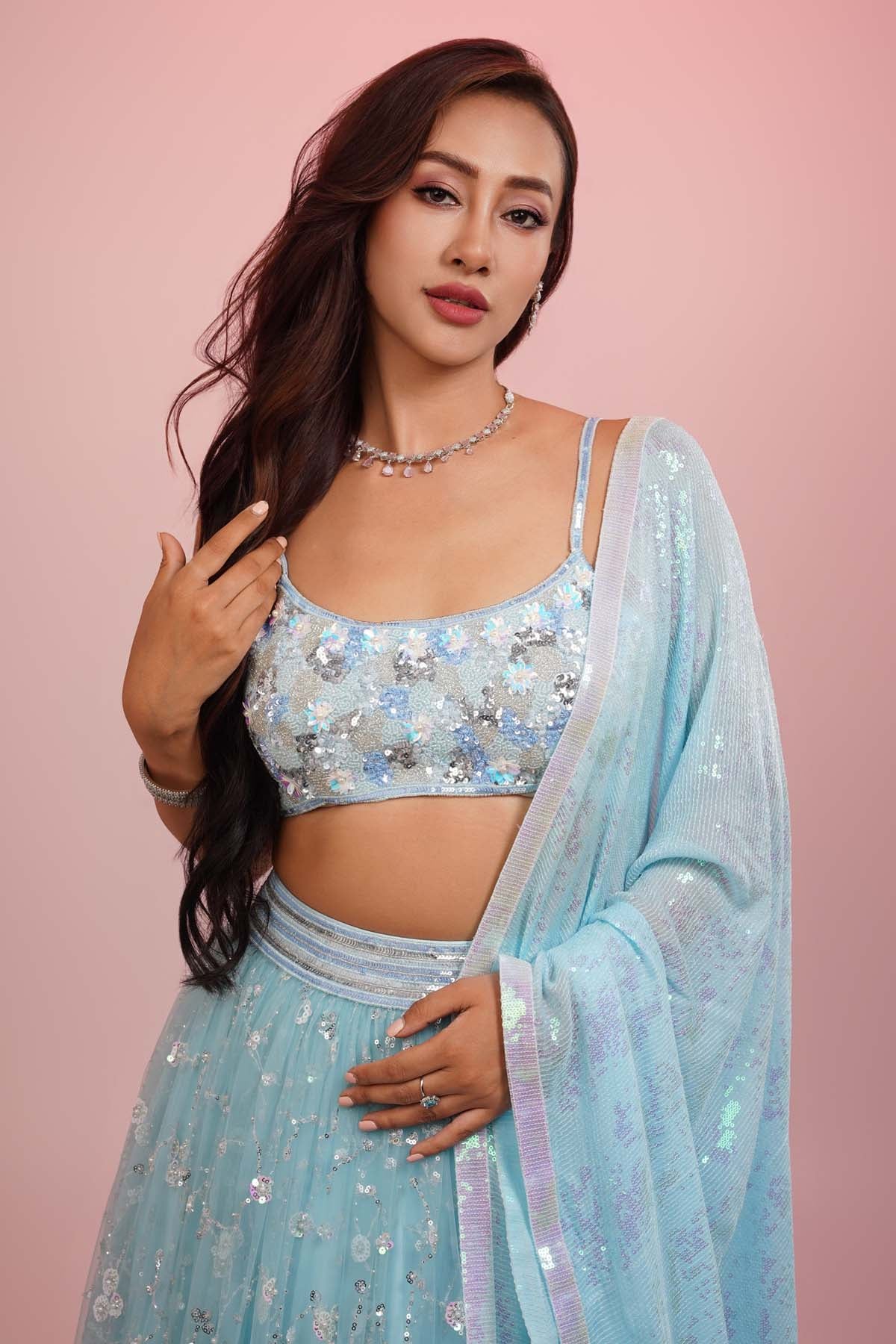 Ice Blue Embroidered Lehenga Set