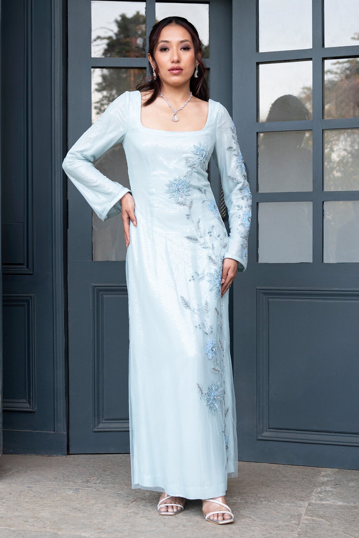 Ice Blue Floral Embellished Gown