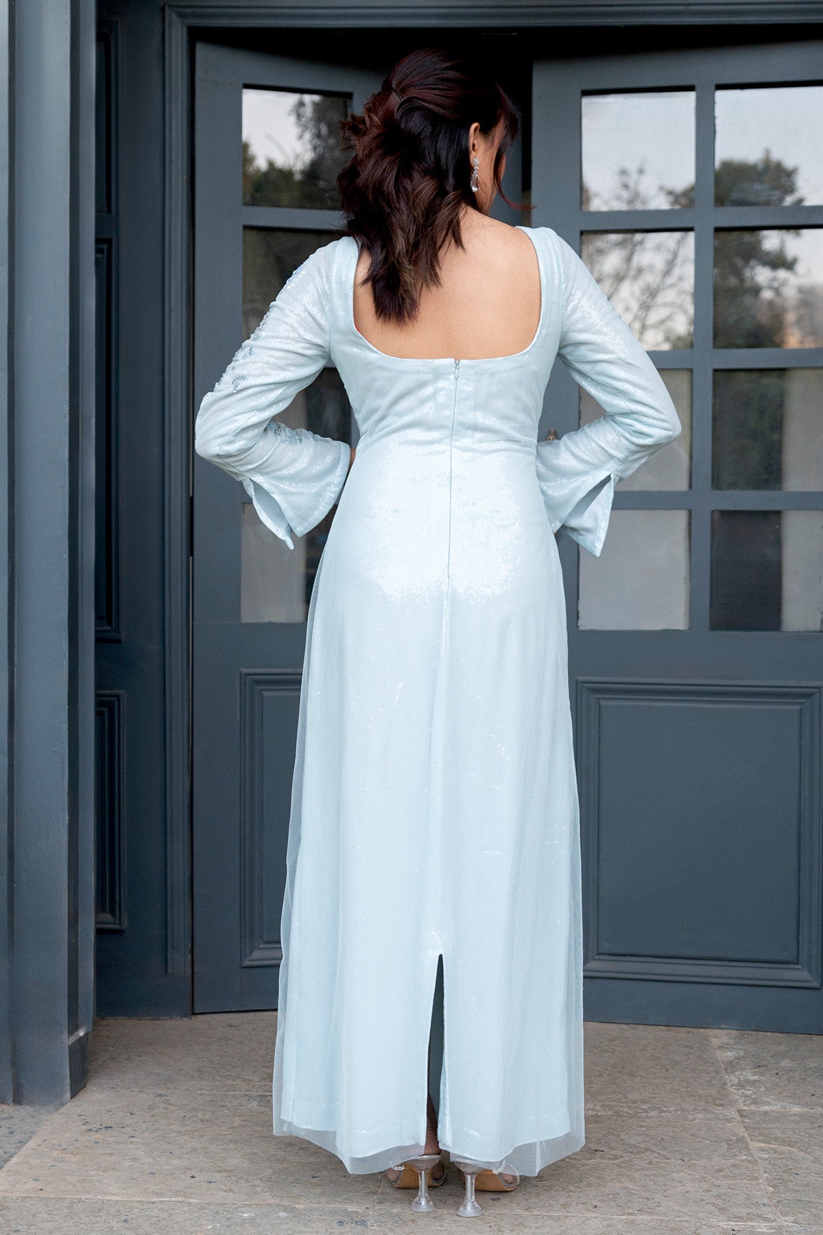 Ice Blue Floral Embellished Gown