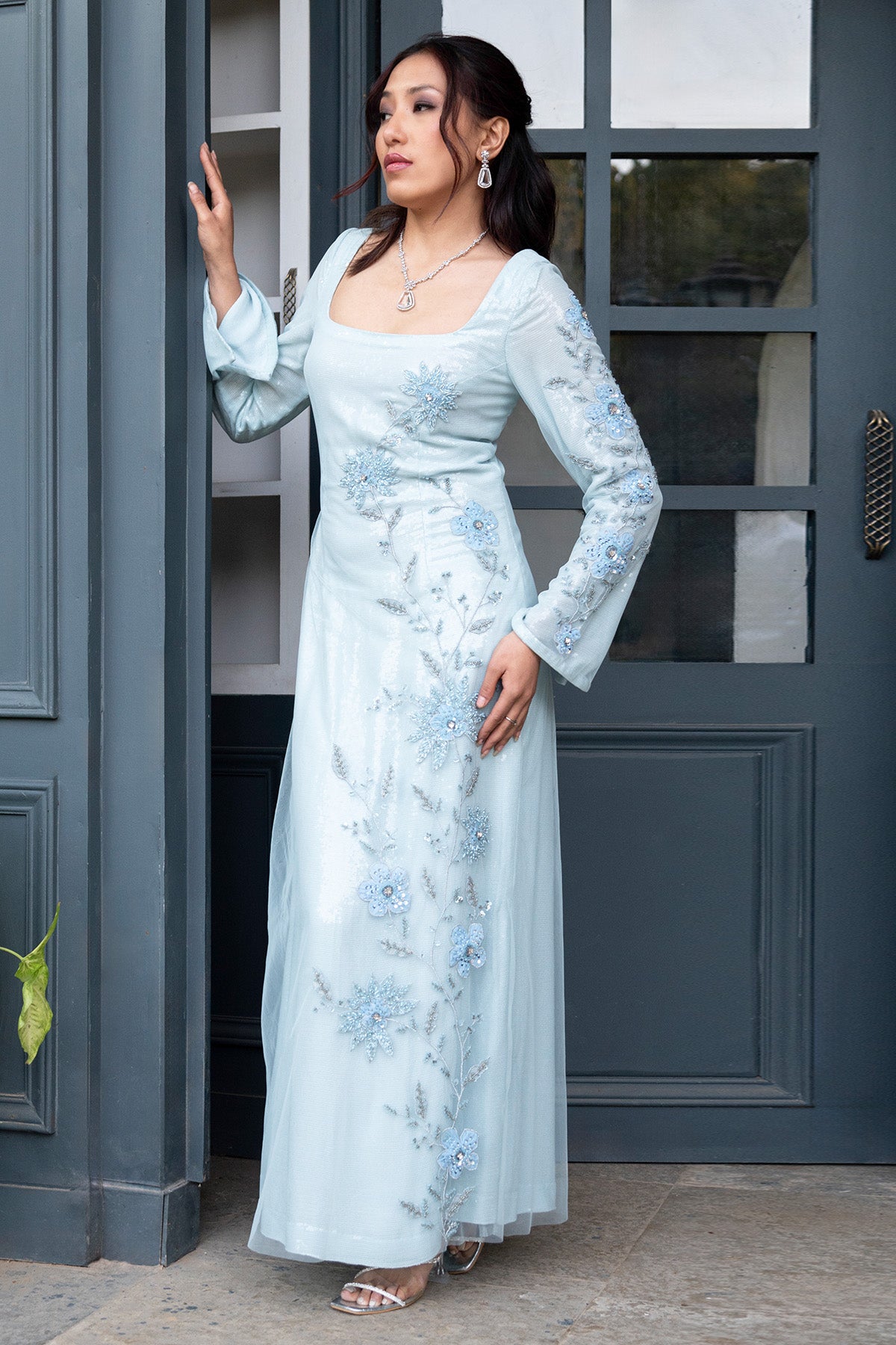 Ice Blue Floral Embellished Gown