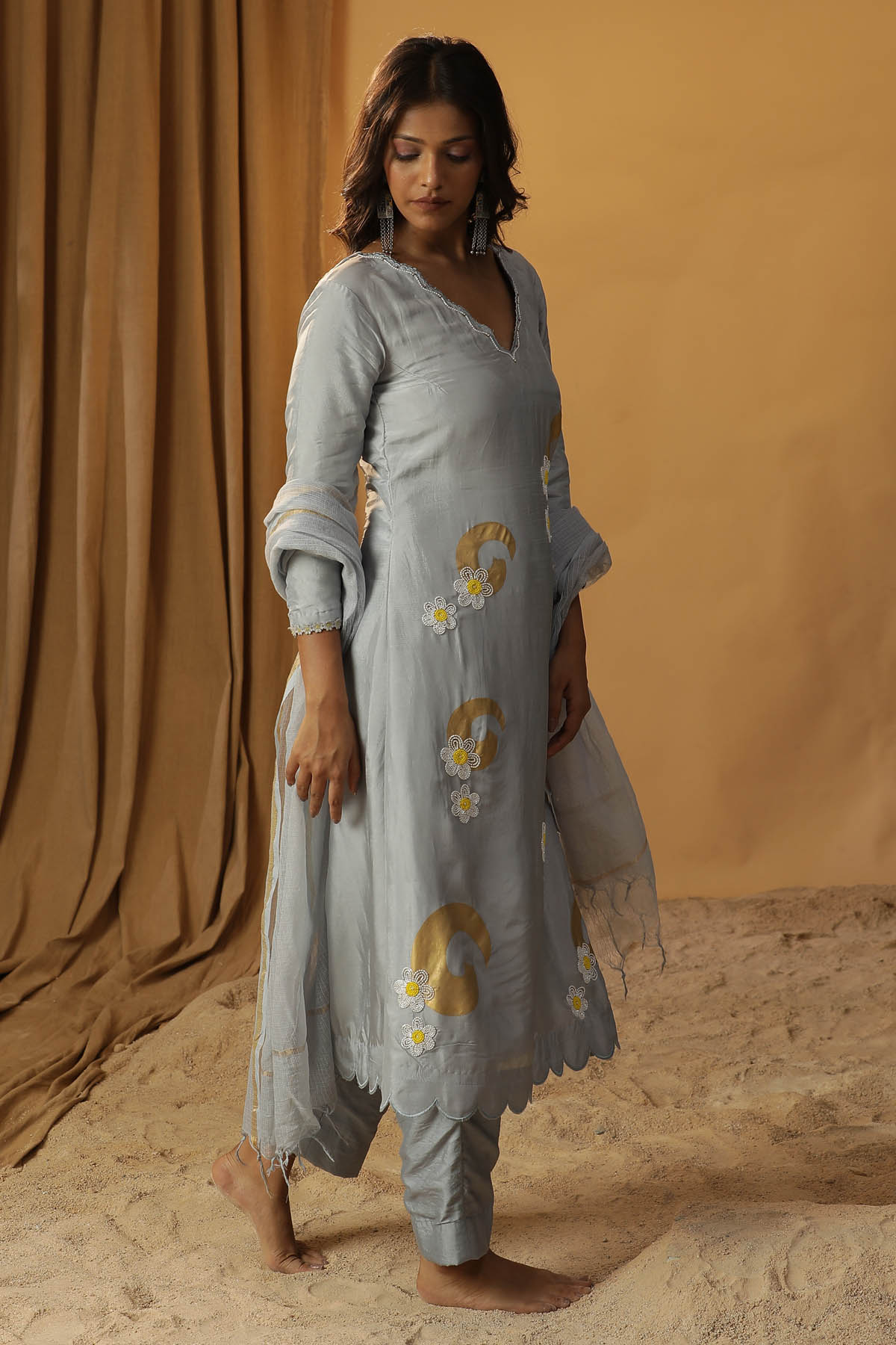 Ice Blue Foil Painted Kurta Set