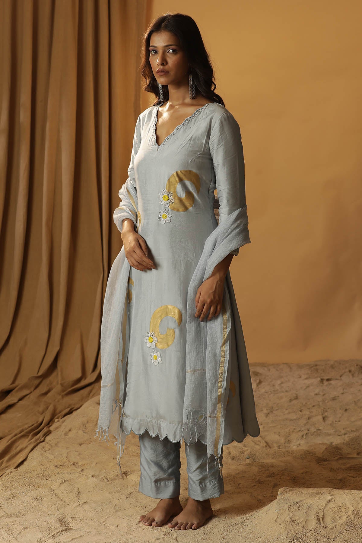 Ice Blue Foil Painted Kurta Set