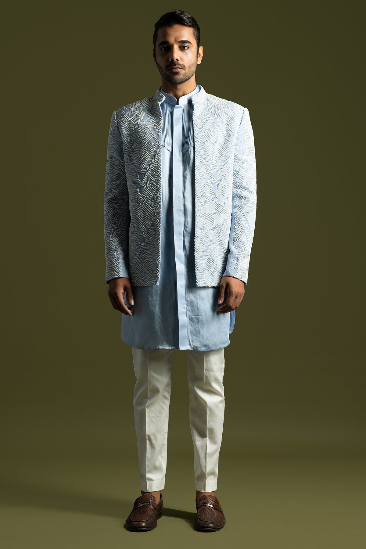 Buy Ice Blue Geometric Achkan Set for men by Paarsh Atelier online available at scrollnshops