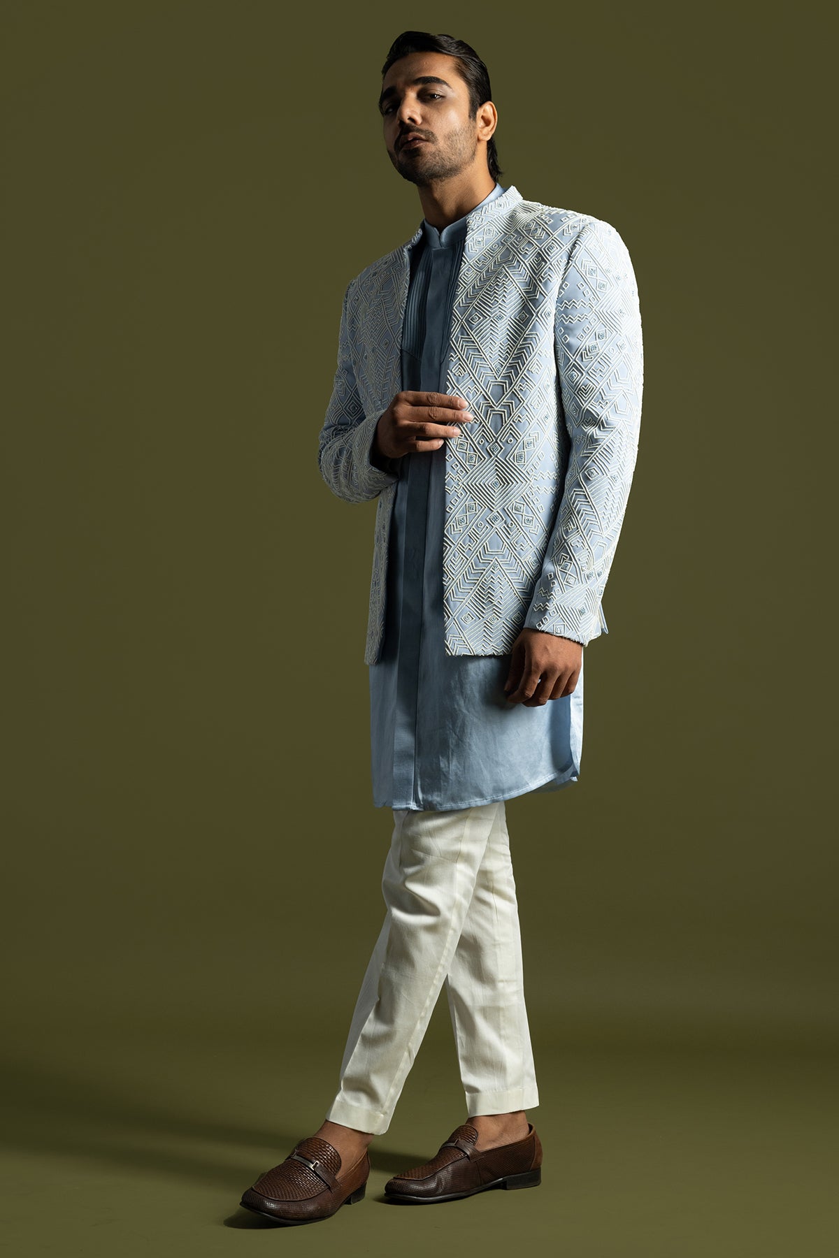 Ice Blue Geometric Achkan Set
