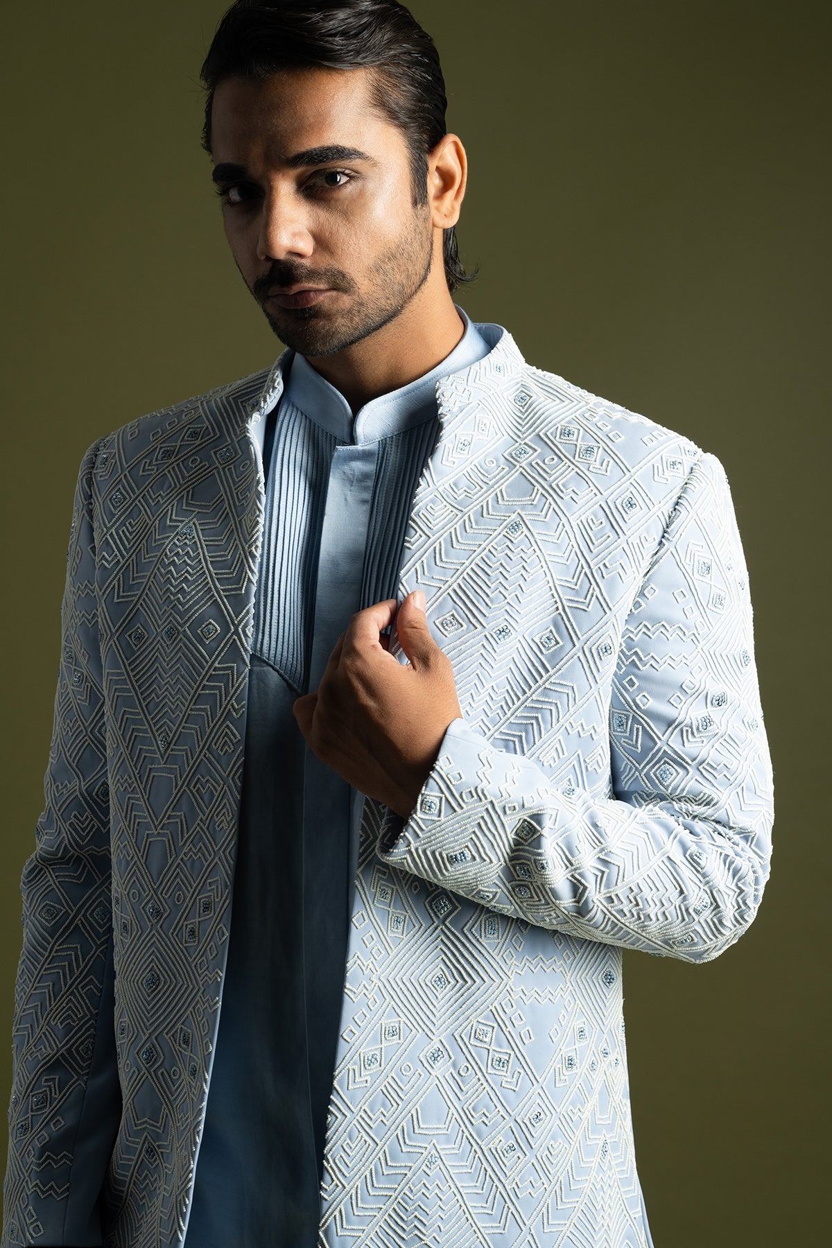 Ice Blue Geometric Achkan Set