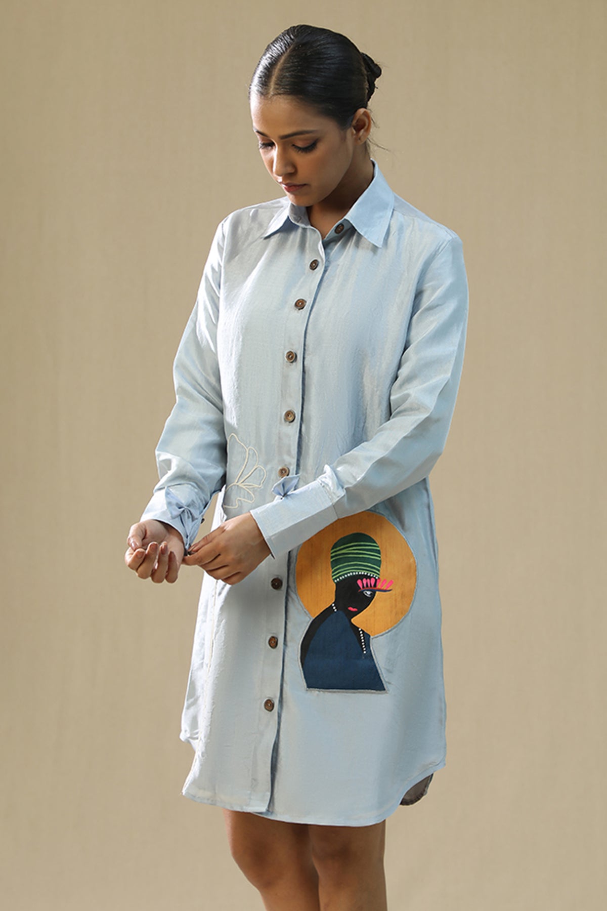 Ice Blue Handpainted Shirt Dress