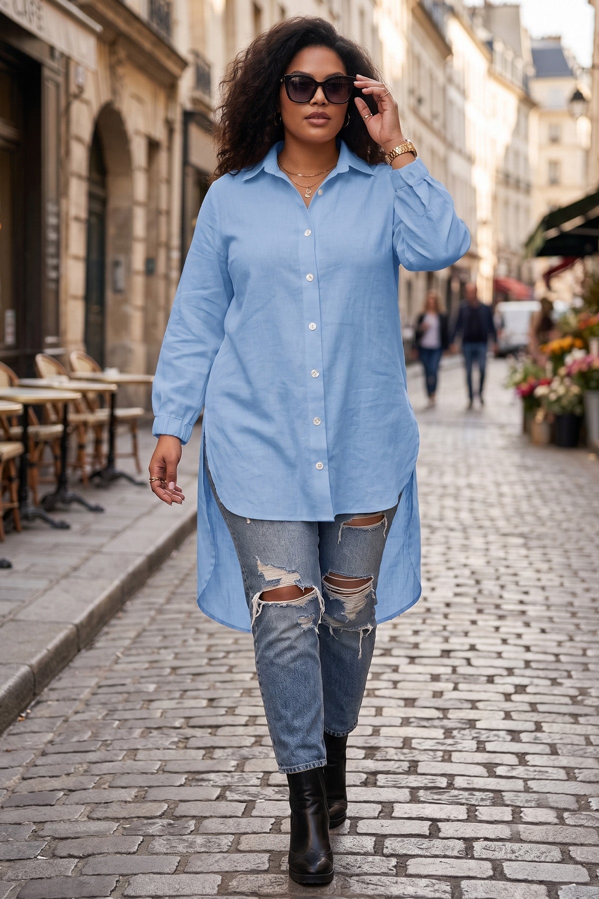 Buy Ice Blue High Low Button Shirt for women by Sneha B online available at scrollnshops