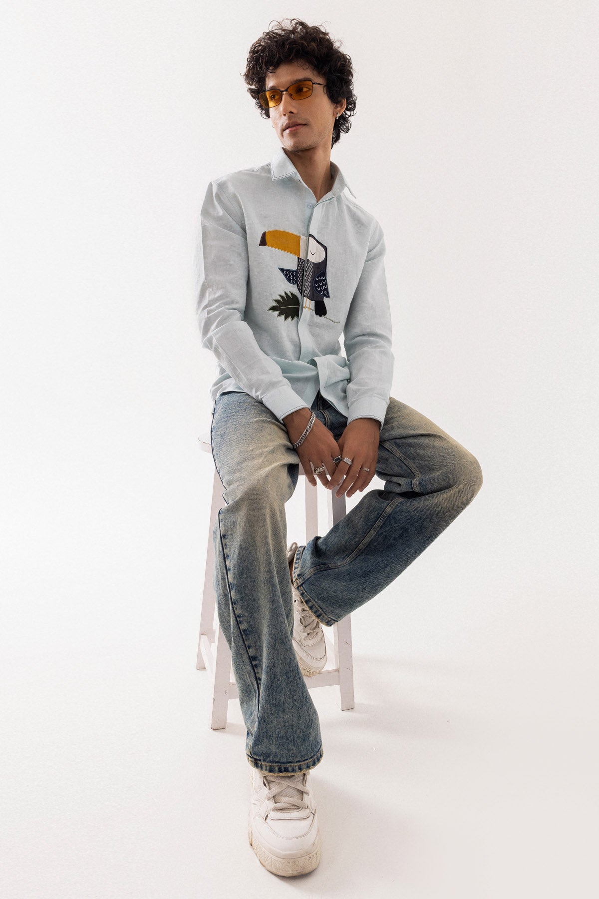 Ice Blue Linen Applique Shirt