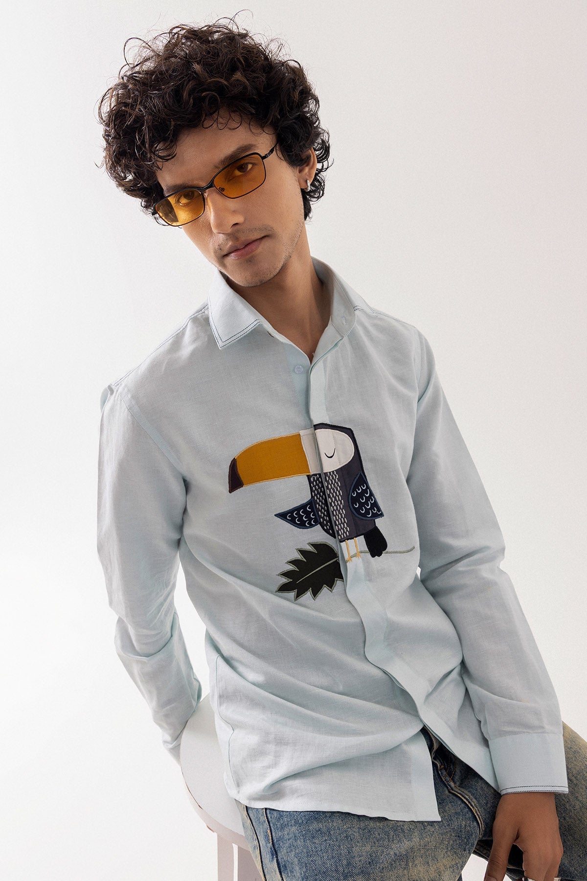 Buy Ice Blue Linen Applique Shirt for men by Paarsh Atelier online available at scrollnshops