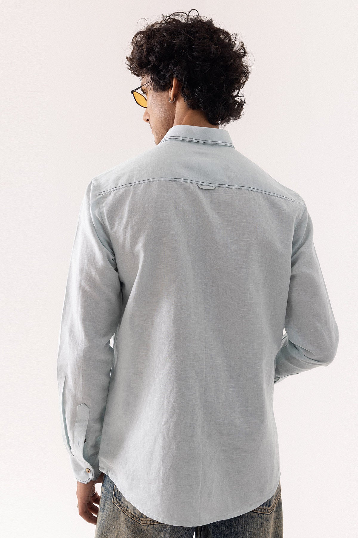 Ice Blue Linen Applique Shirt