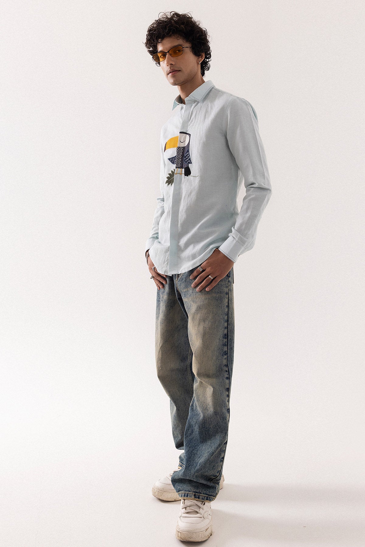 Ice Blue Linen Applique Shirt
