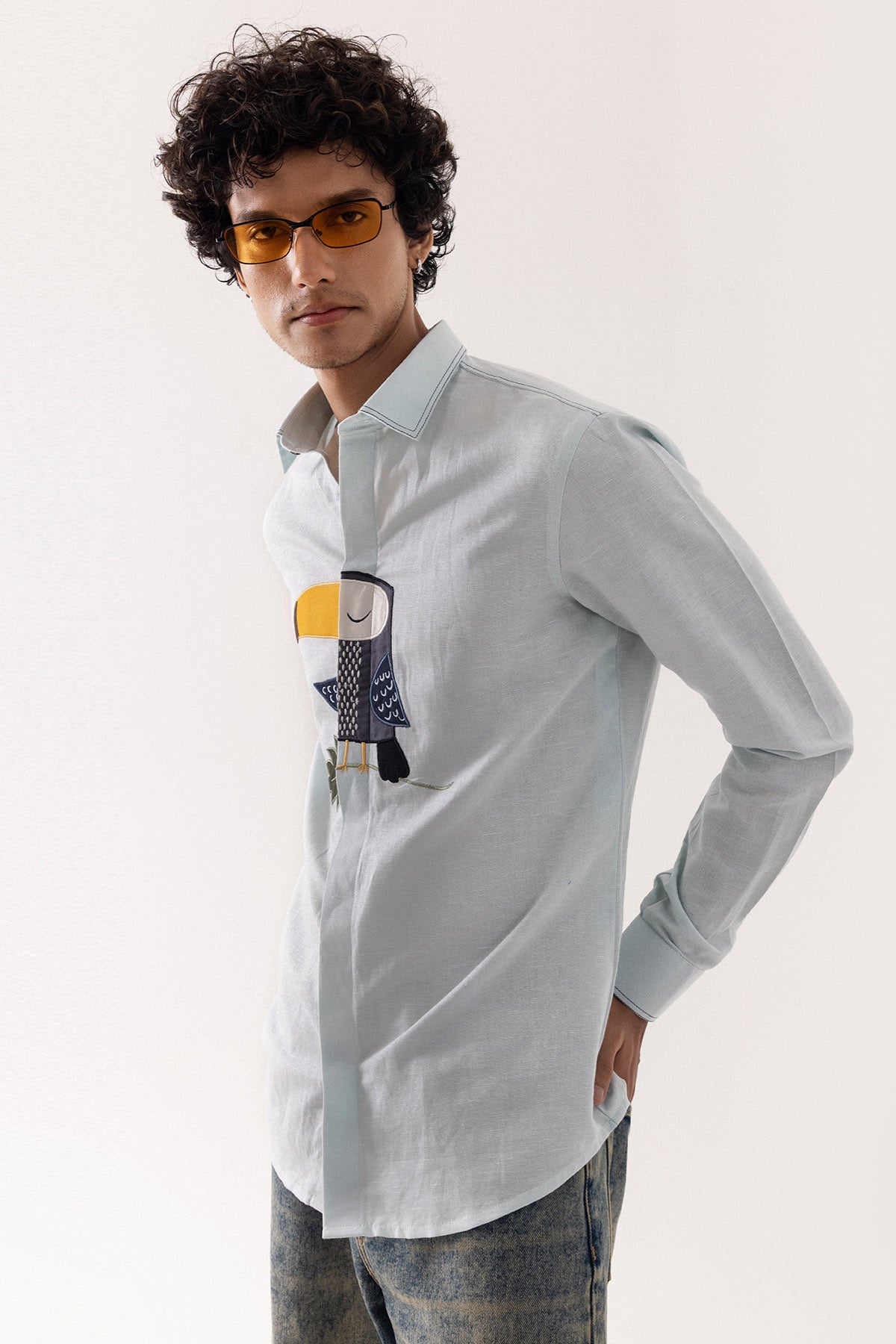 Ice Blue Linen Applique Shirt