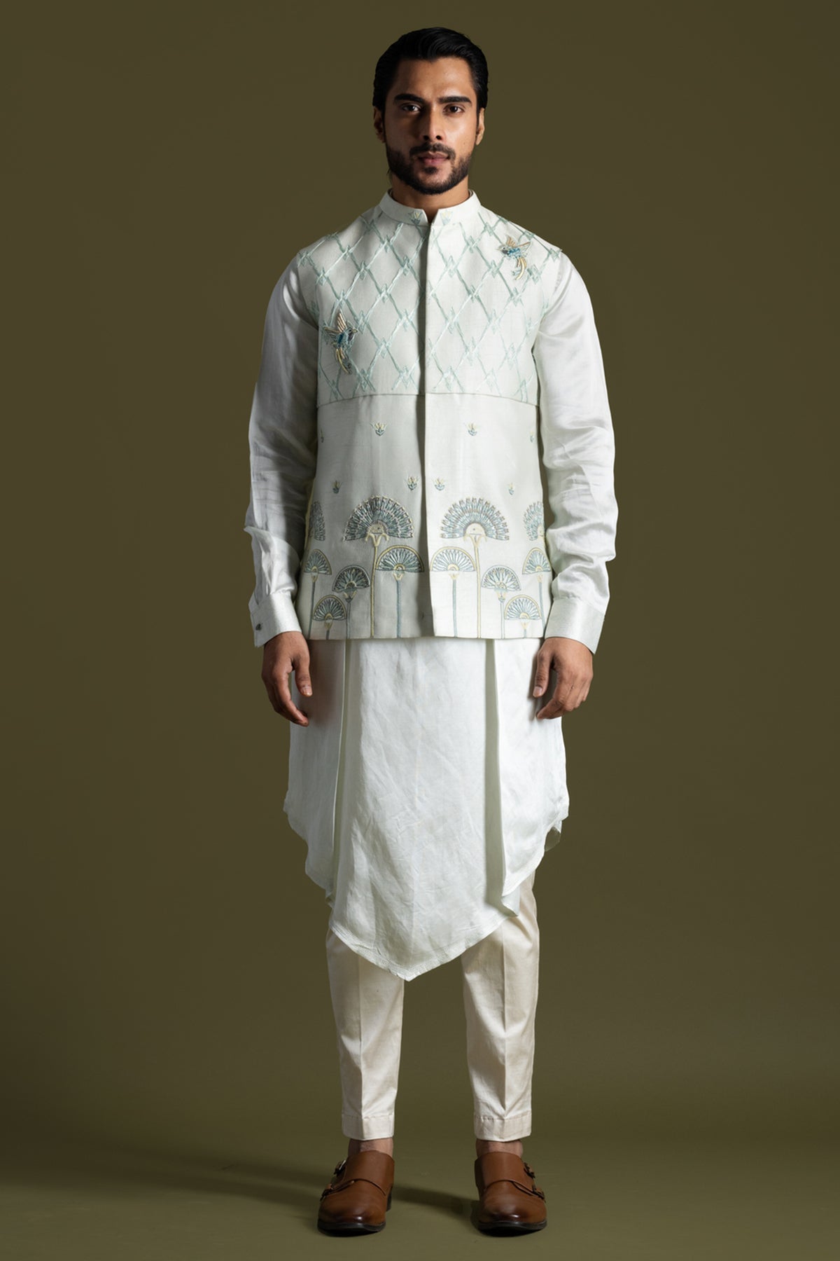 Buy Ice Blue Motifs Bundi Kurta Set for men by Paarsh Atelier online available at scrollnshops