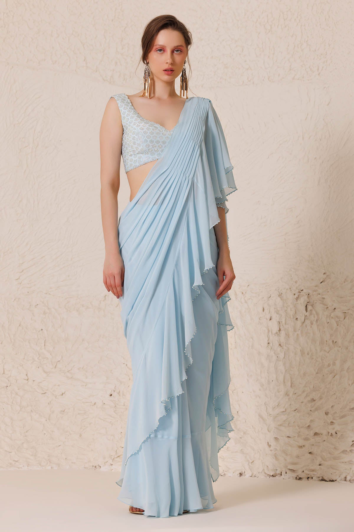 Ice Blue Ruffle Pre-Draped Saree