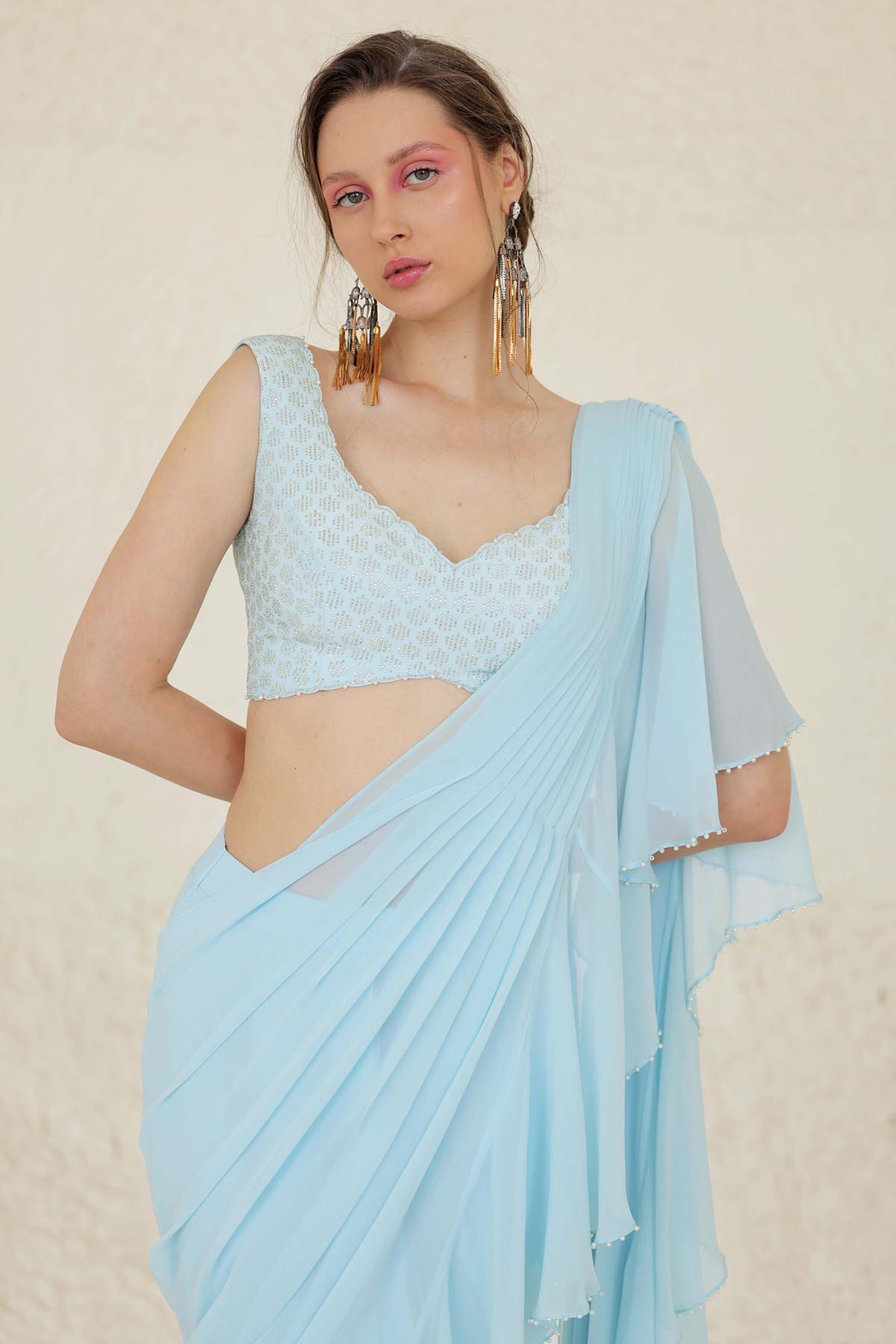 Ice Blue Ruffle Pre-Draped Saree