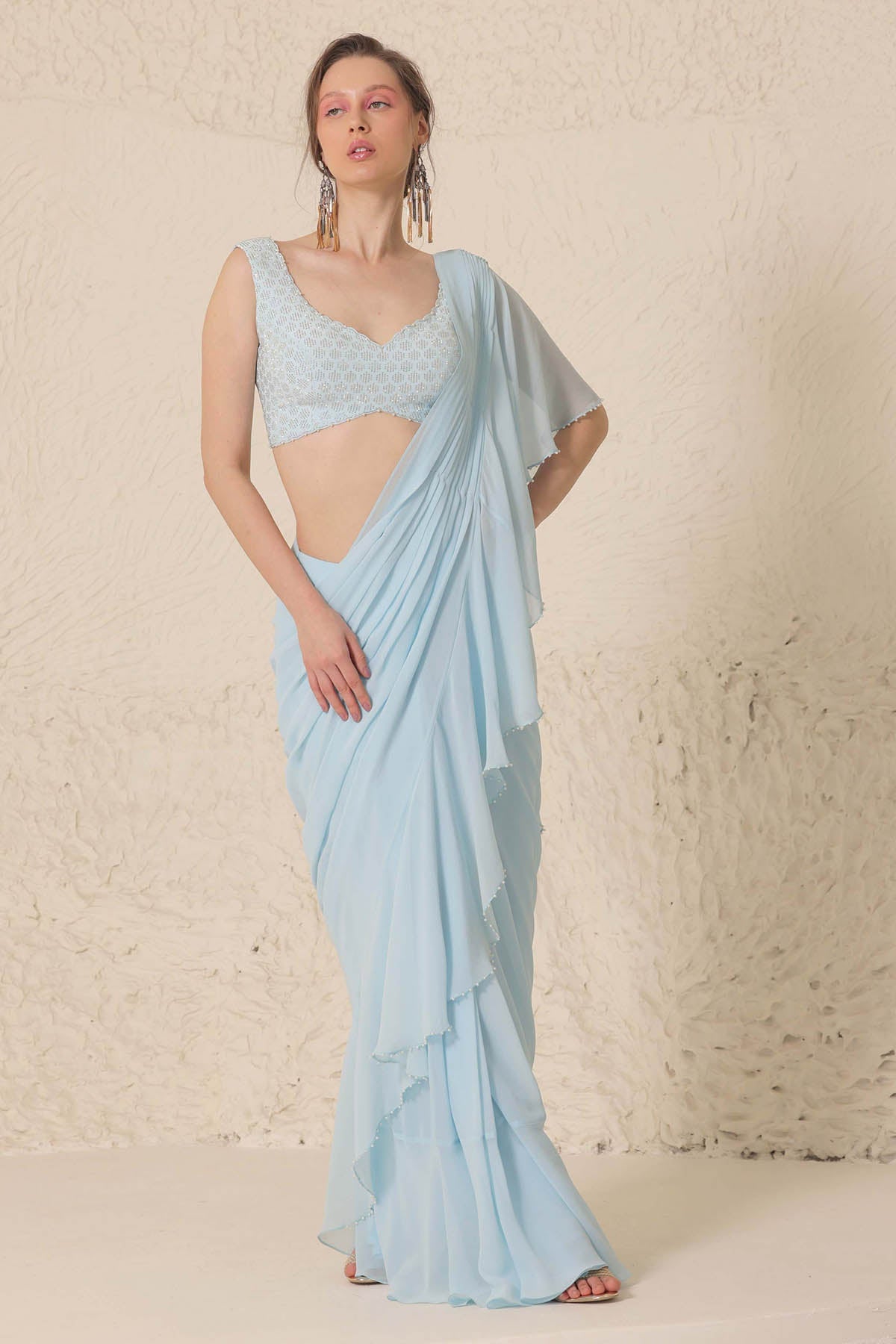 Chhaya Mehrotra Ice Blue Ruffle Pre-Draped Saree for women online at ScrollnShops