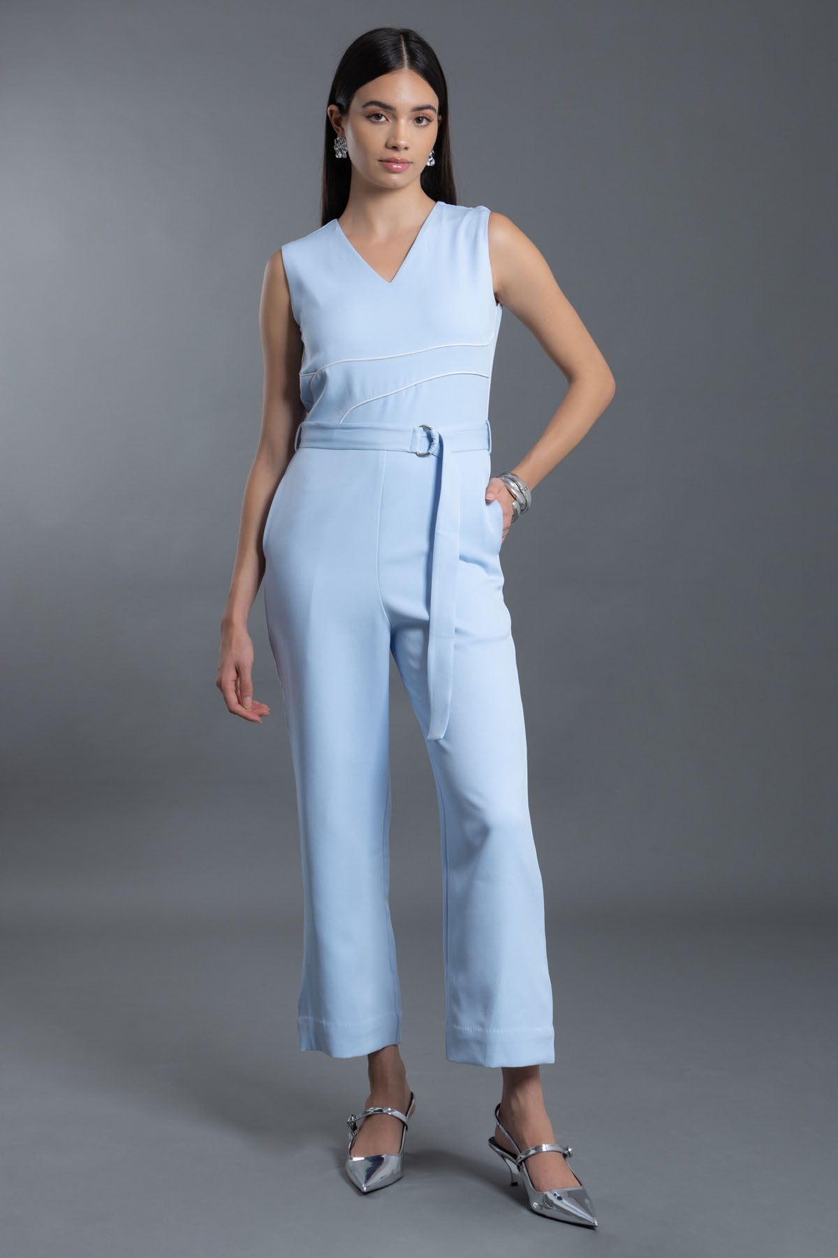 Vanten Ice Blue Sleeveless Jumpsuit for women online at ScrollnShops