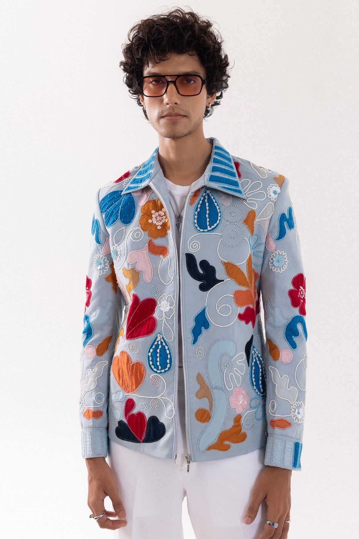 Buy Ice Blue Suede Bomber Jacket for men by Paarsh Atelier online available at scrollnshops