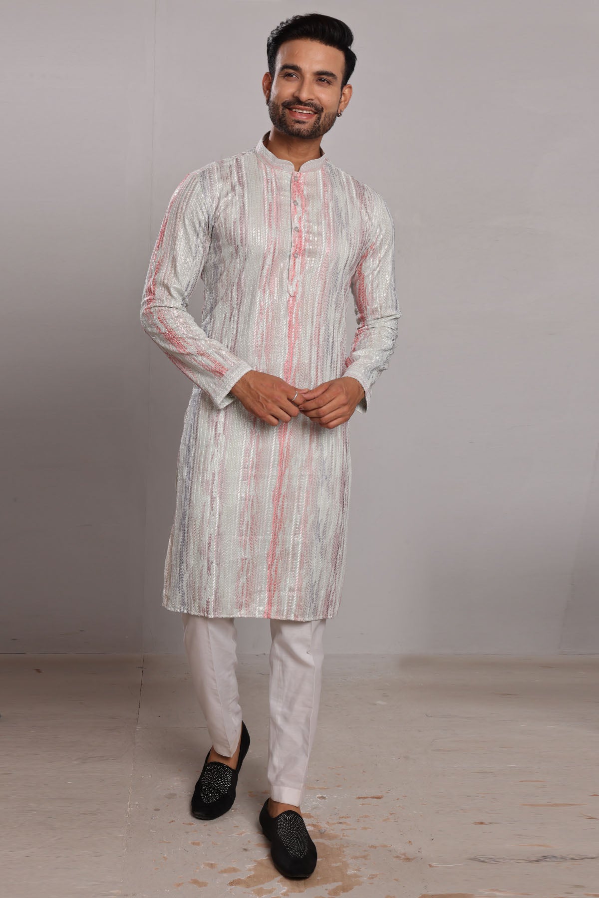 Ice Blue Thread Work Silk Kurta